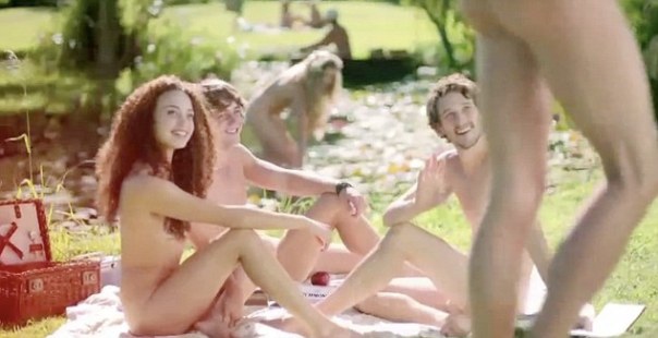 This is not a nudist gathering but rather an English advert.